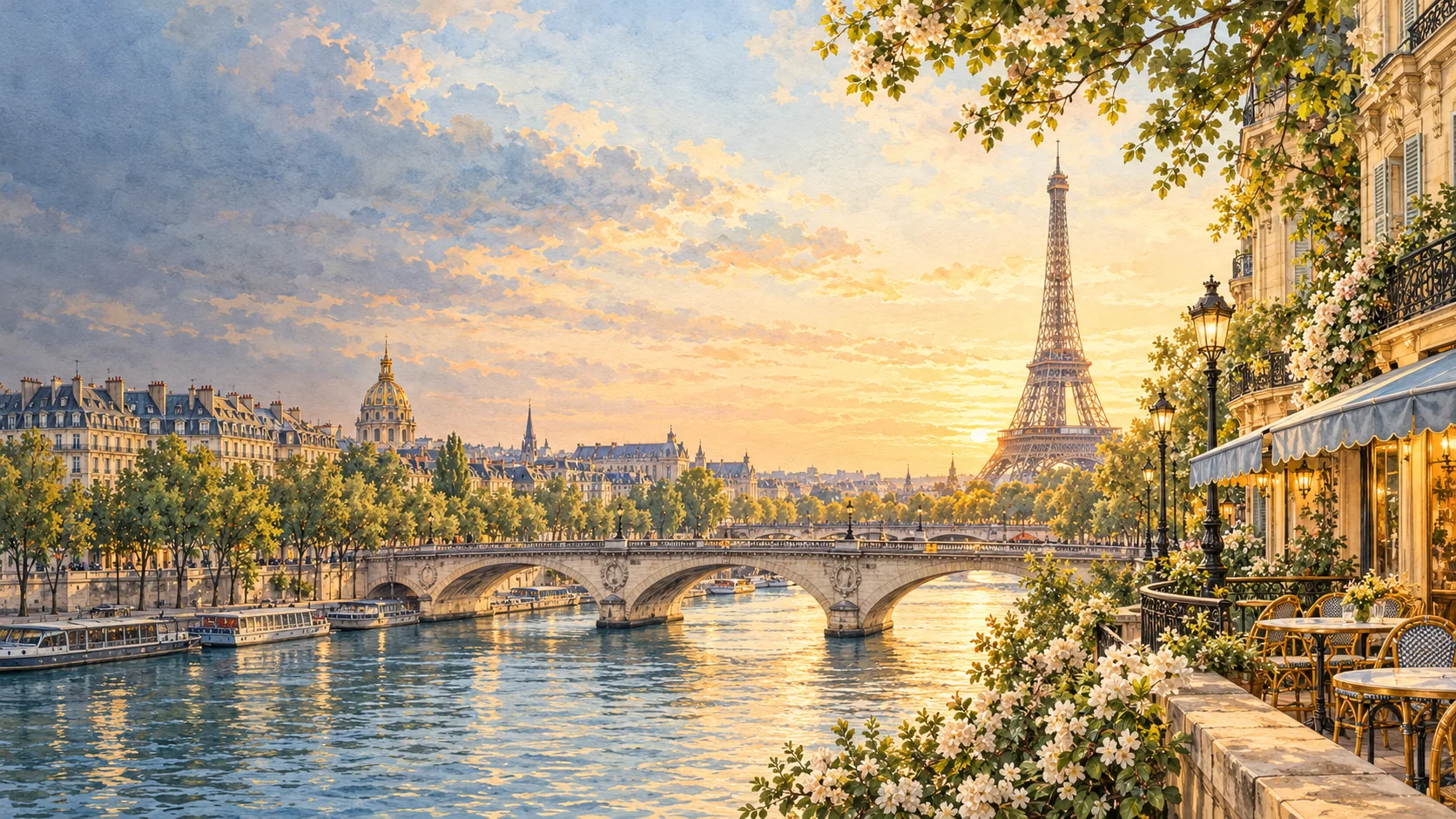 Ilustração do rio Sena, de uma ponte parisiense e da Torre Eiffel